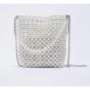 Zara Faux Pearl Beaded Bridal Wedding Shoulder Bag Purse with Silver Strap EUC
